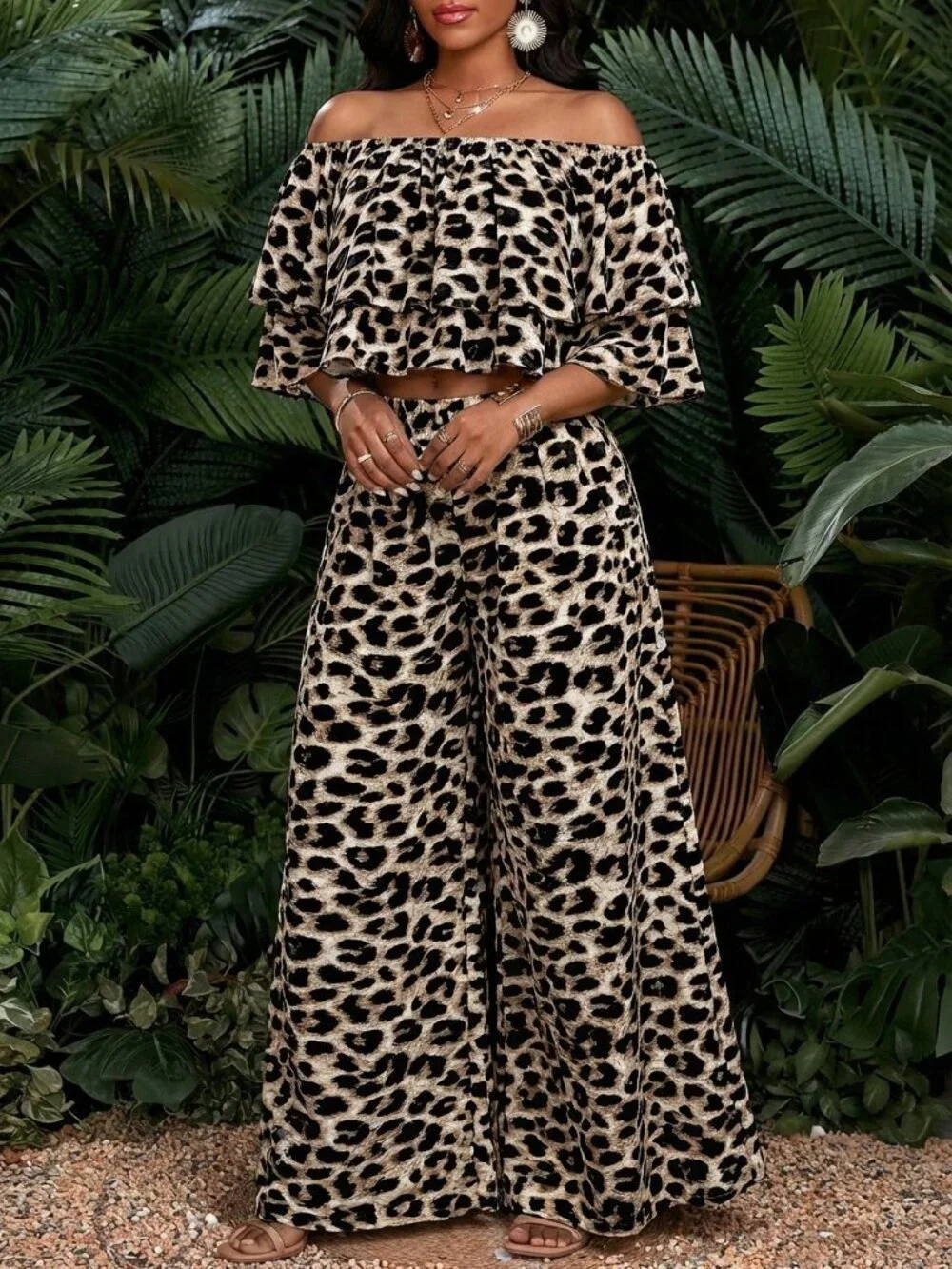 Multicolor Boho Women's Leopard Print Off-Shoulder Top & Wide-Leg Pants Set